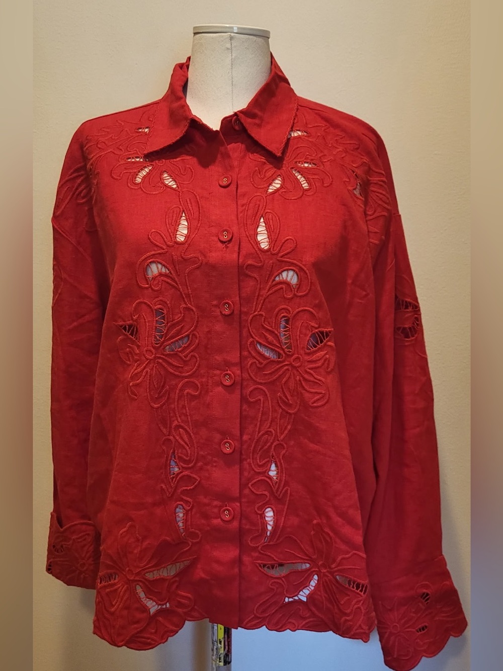 MAGASCHONI red European linen eyelet blouse